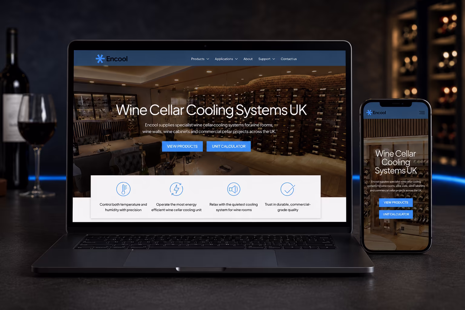Encool wine cellar cooling systems website homepage