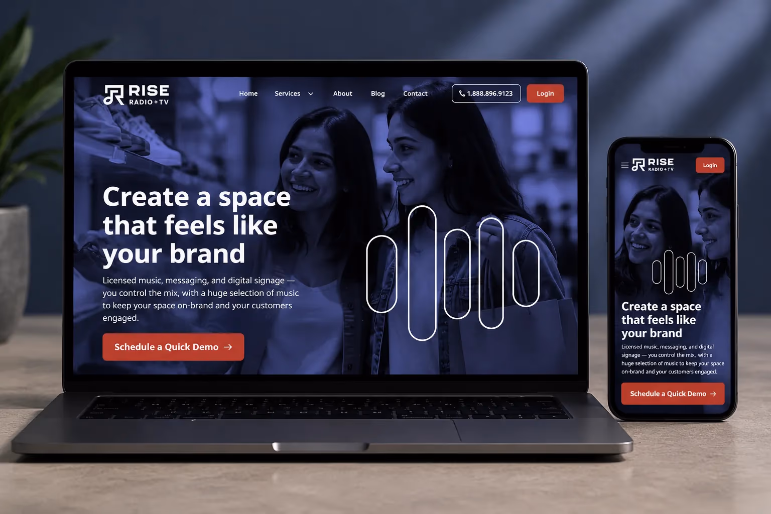 Rise Radio + TV website shown on a laptop and a phone
